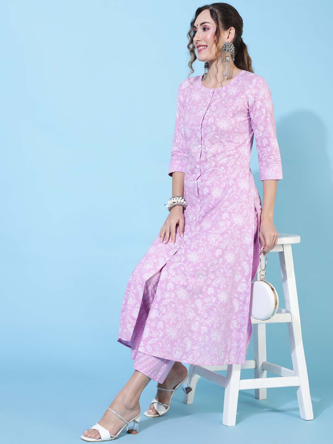 Rayon  Calf Length Printed A-line 3/4 sleeves Round Kurta Bottom Set