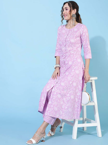 Rayon  Calf Length Printed A-line 3/4 sleeves Round Kurta Bottom Set