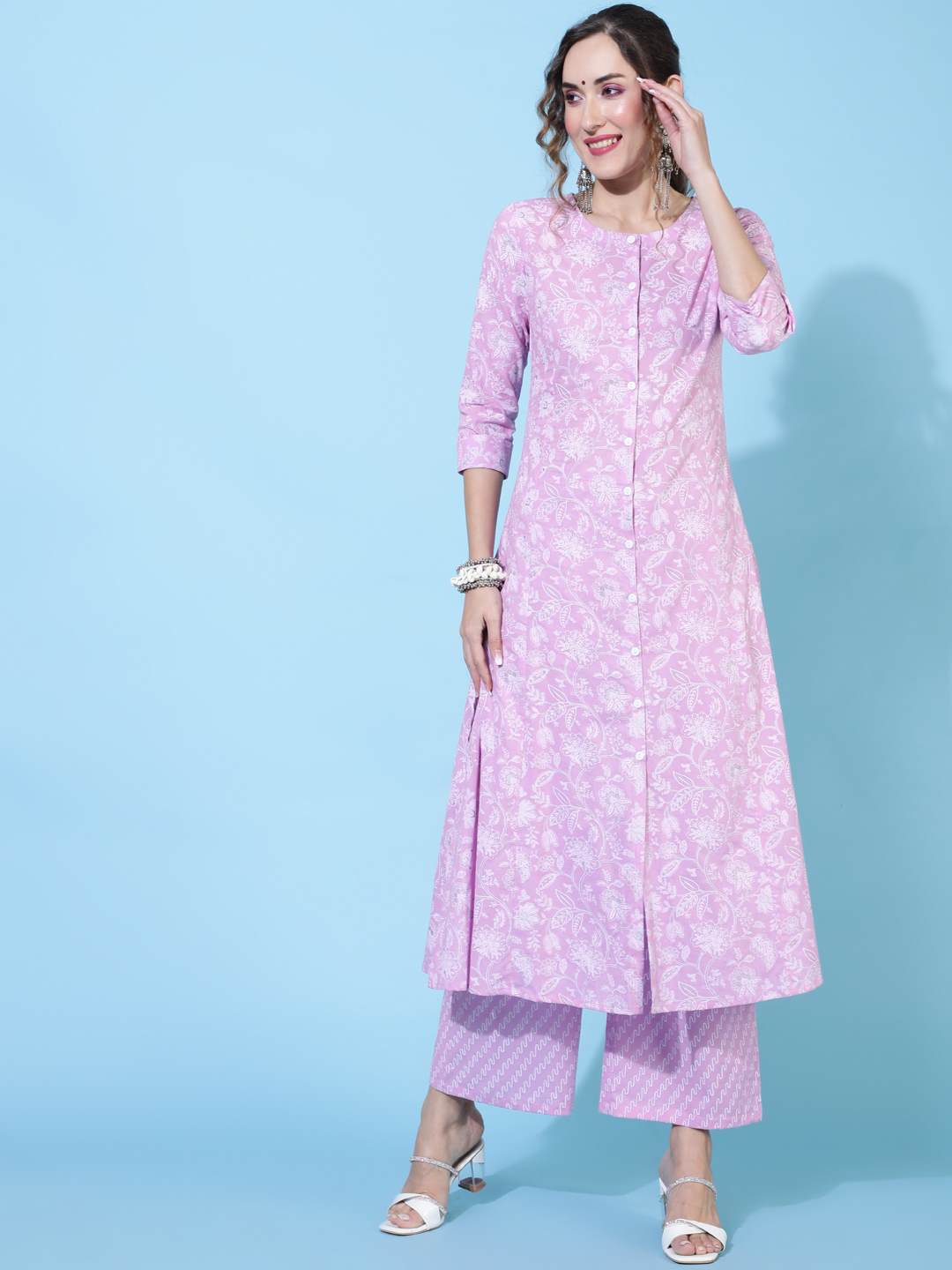 Rayon  Calf Length Printed A-line 3/4 sleeves Round Kurta Bottom Set