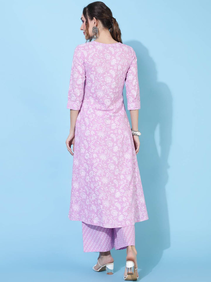 Rayon  Calf Length Printed A-line 3/4 sleeves Round Kurta Bottom Set
