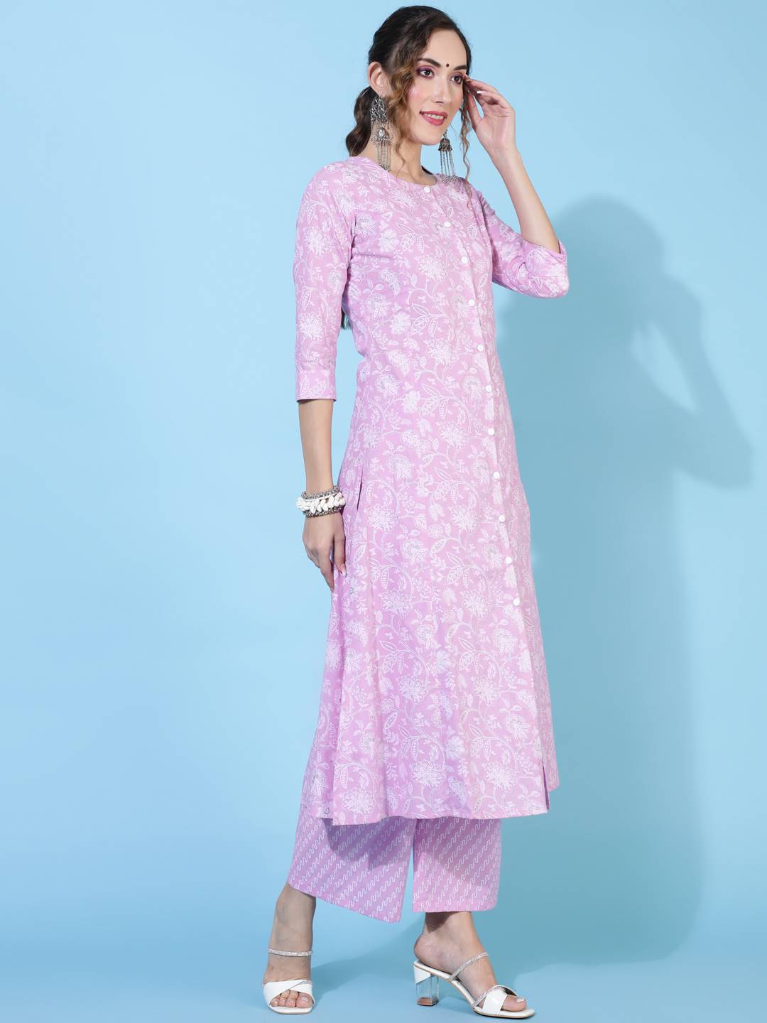 Rayon  Calf Length Printed A-line 3/4 sleeves Round Kurta Bottom Set