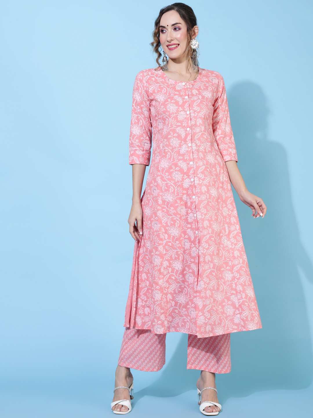 Rayon  Calf Length Printed A-line 3/4 sleeves Round Kurta Bottom Set