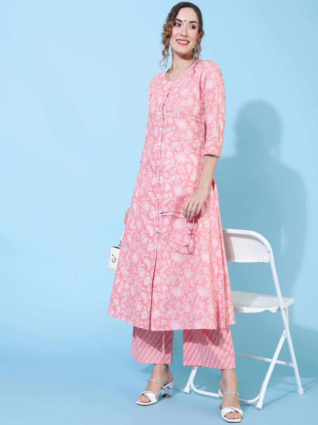 Rayon  Calf Length Printed A-line 3/4 sleeves Round Kurta Bottom Set