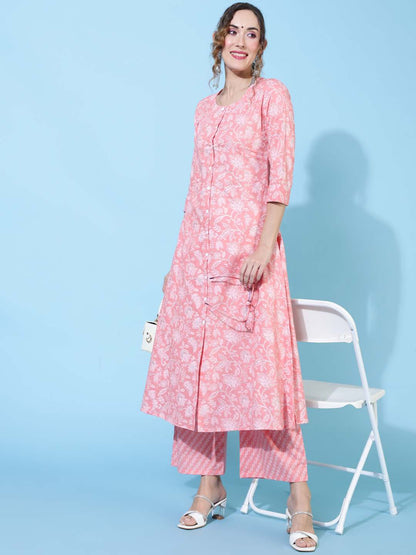 Rayon  Calf Length Printed A-line 3/4 sleeves Round Kurta Bottom Set