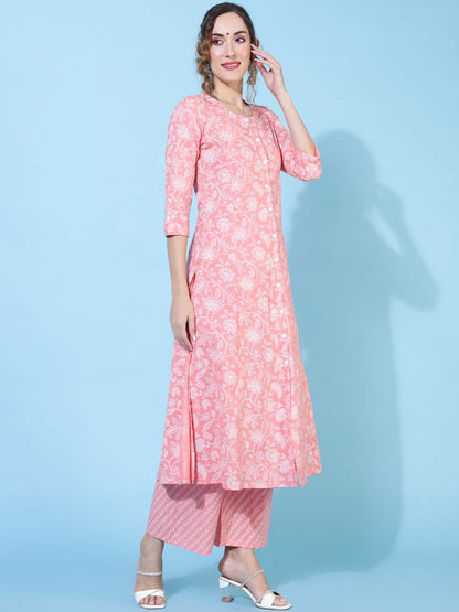 Rayon  Calf Length Printed A-line 3/4 sleeves Round Kurta Bottom Set