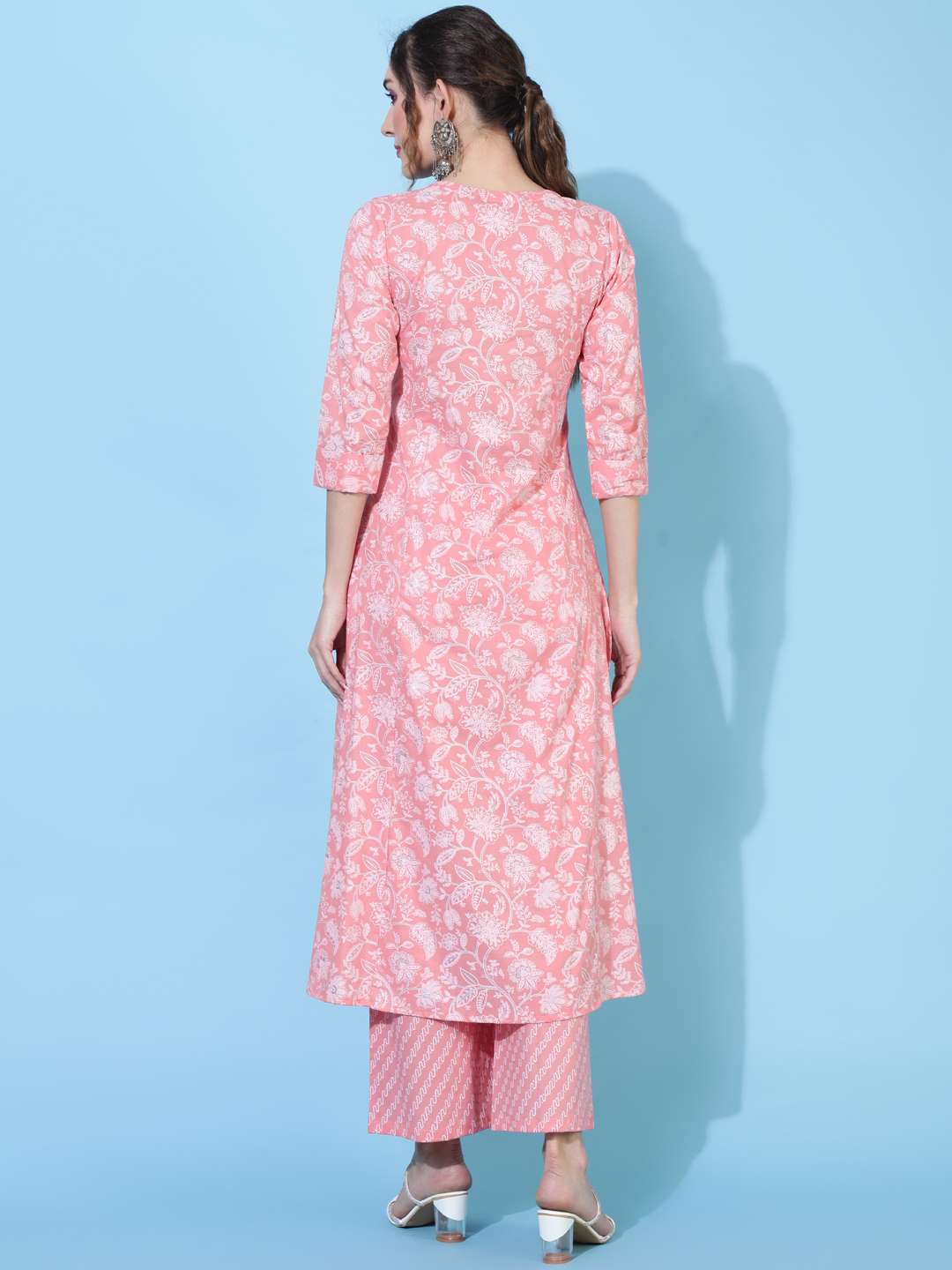 Rayon  Calf Length Printed A-line 3/4 sleeves Round Kurta Bottom Set