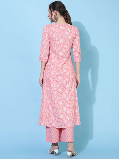 Rayon  Calf Length Printed A-line 3/4 sleeves Round Kurta Bottom Set