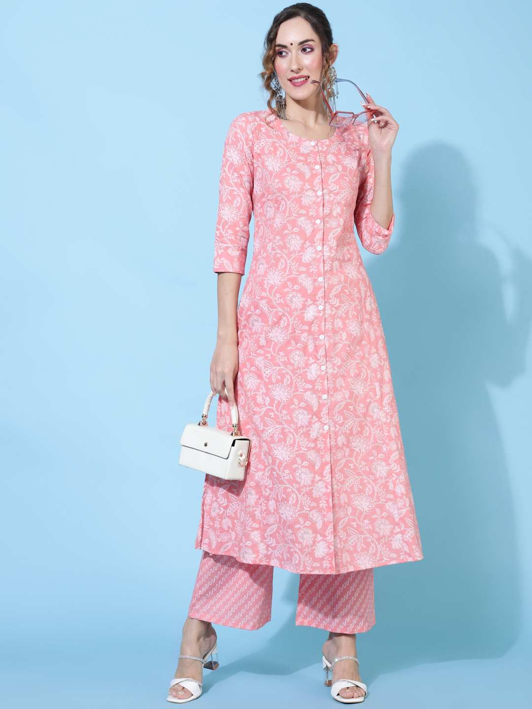 Rayon  Calf Length Printed A-line 3/4 sleeves Round Kurta Bottom Set
