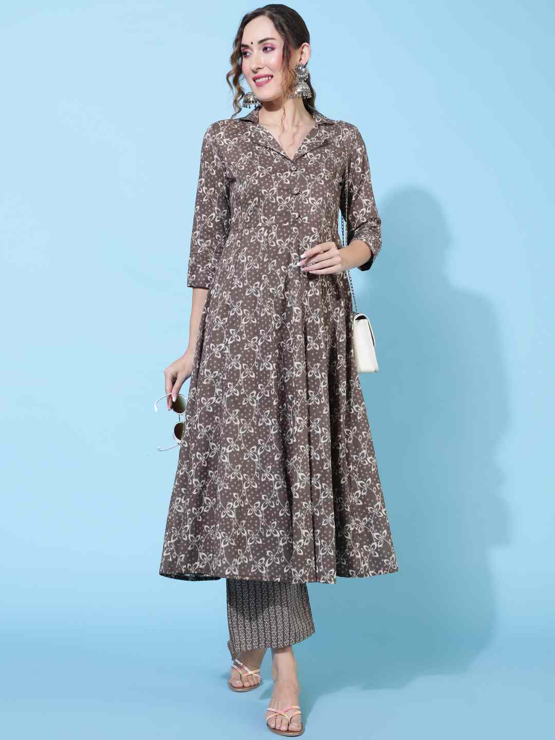 Cotton  Calf Length Printed Flared 3/4 sleeves Collar Kurta Bottom Set