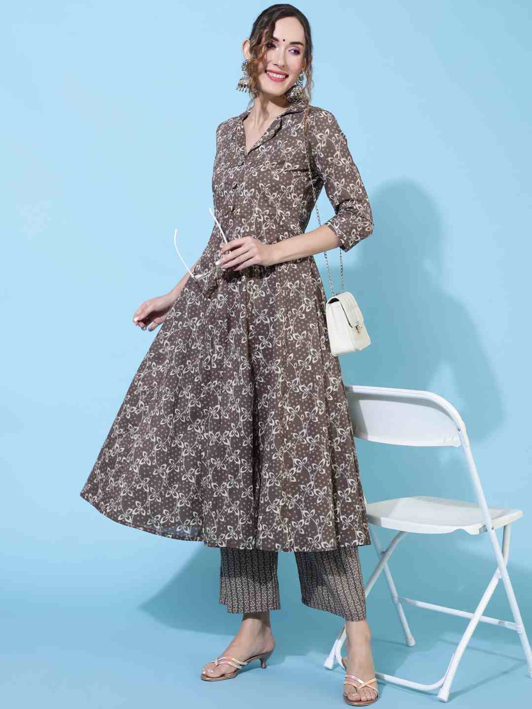 Cotton  Calf Length Printed Flared 3/4 sleeves Collar Kurta Bottom Set