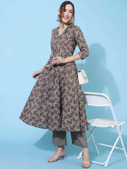 Cotton  Calf Length Printed Flared 3/4 sleeves Collar Kurta Bottom Set