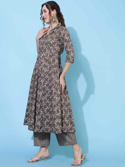 Cotton  Calf Length Printed Flared 3/4 sleeves Collar Kurta Bottom Set
