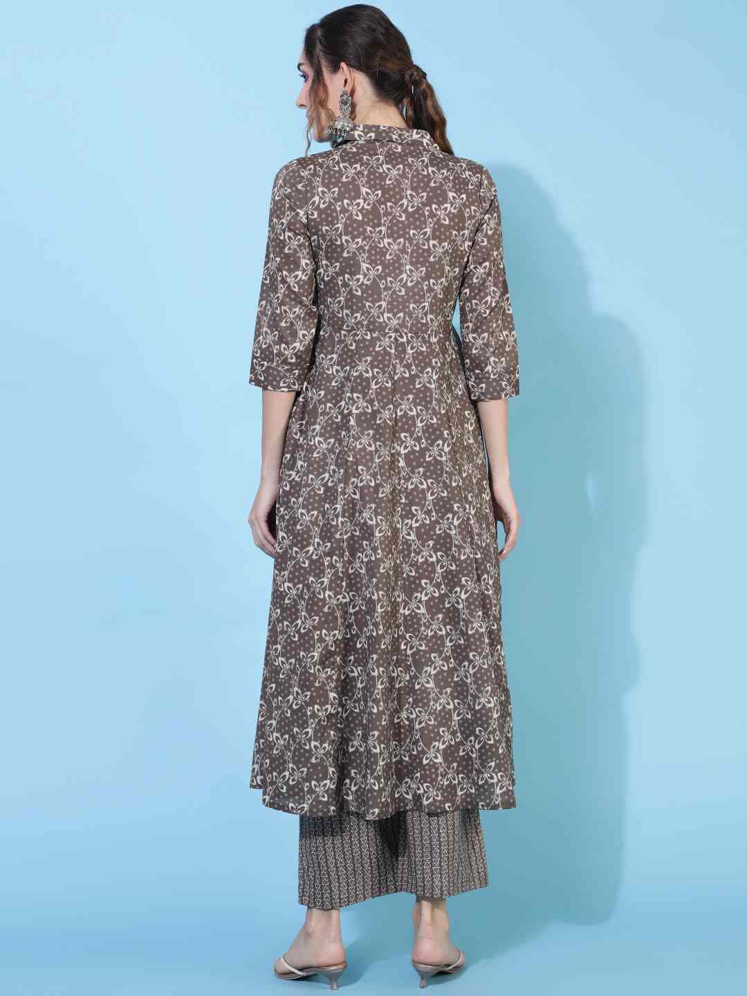 Cotton  Calf Length Printed Flared 3/4 sleeves Collar Kurta Bottom Set