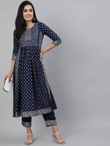 Rayon Calf Length A-Line 3/4 Sleeve Round Neck Foil Printed Kurta Set