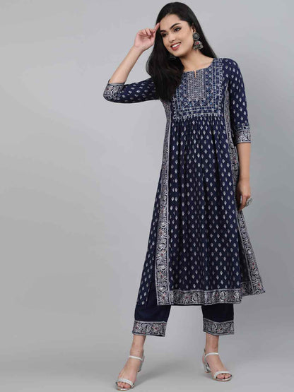 Rayon Calf Length A-Line 3/4 Sleeve Round Neck Foil Printed Kurta Set