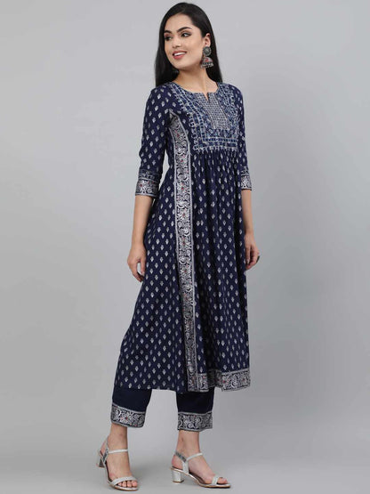Rayon Calf Length A-Line 3/4 Sleeve Round Neck Foil Printed Kurta Set