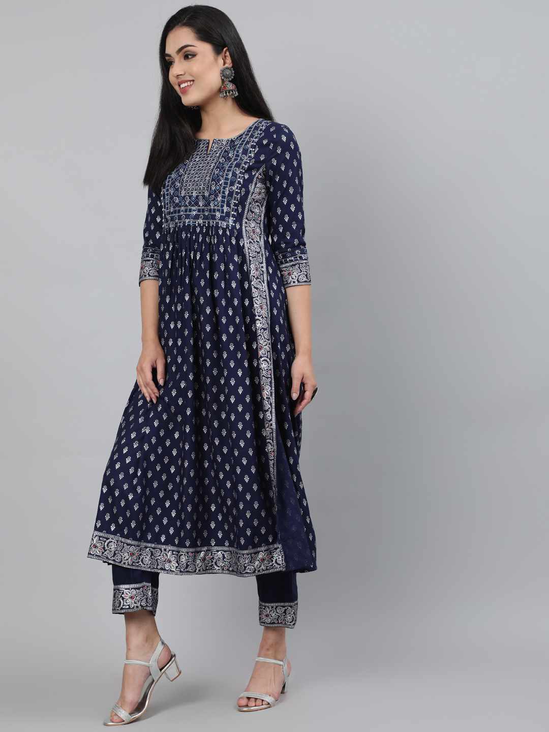 Rayon Calf Length A-Line 3/4 Sleeve Round Neck Foil Printed Kurta Set