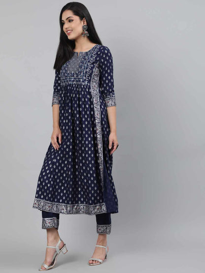 Rayon Calf Length A-Line 3/4 Sleeve Round Neck Foil Printed Kurta Set