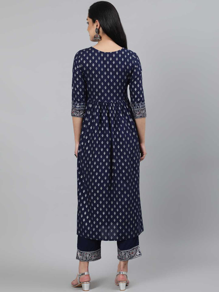 Rayon Calf Length A-Line 3/4 Sleeve Round Neck Foil Printed Kurta Set