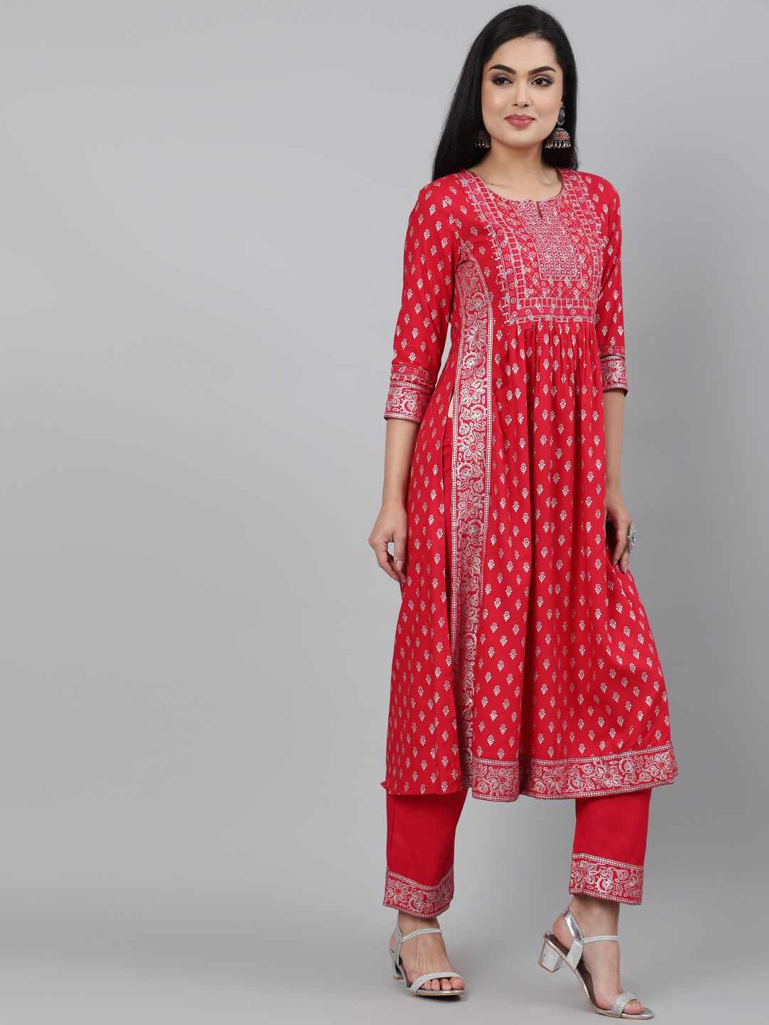 Rayon Calf Length A-Line 3/4 Sleeve Round Neck Foil Printed Kurta Set