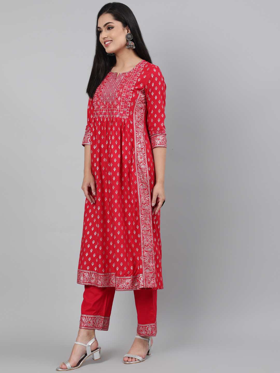 Rayon Calf Length A-Line 3/4 Sleeve Round Neck Foil Printed Kurta Set