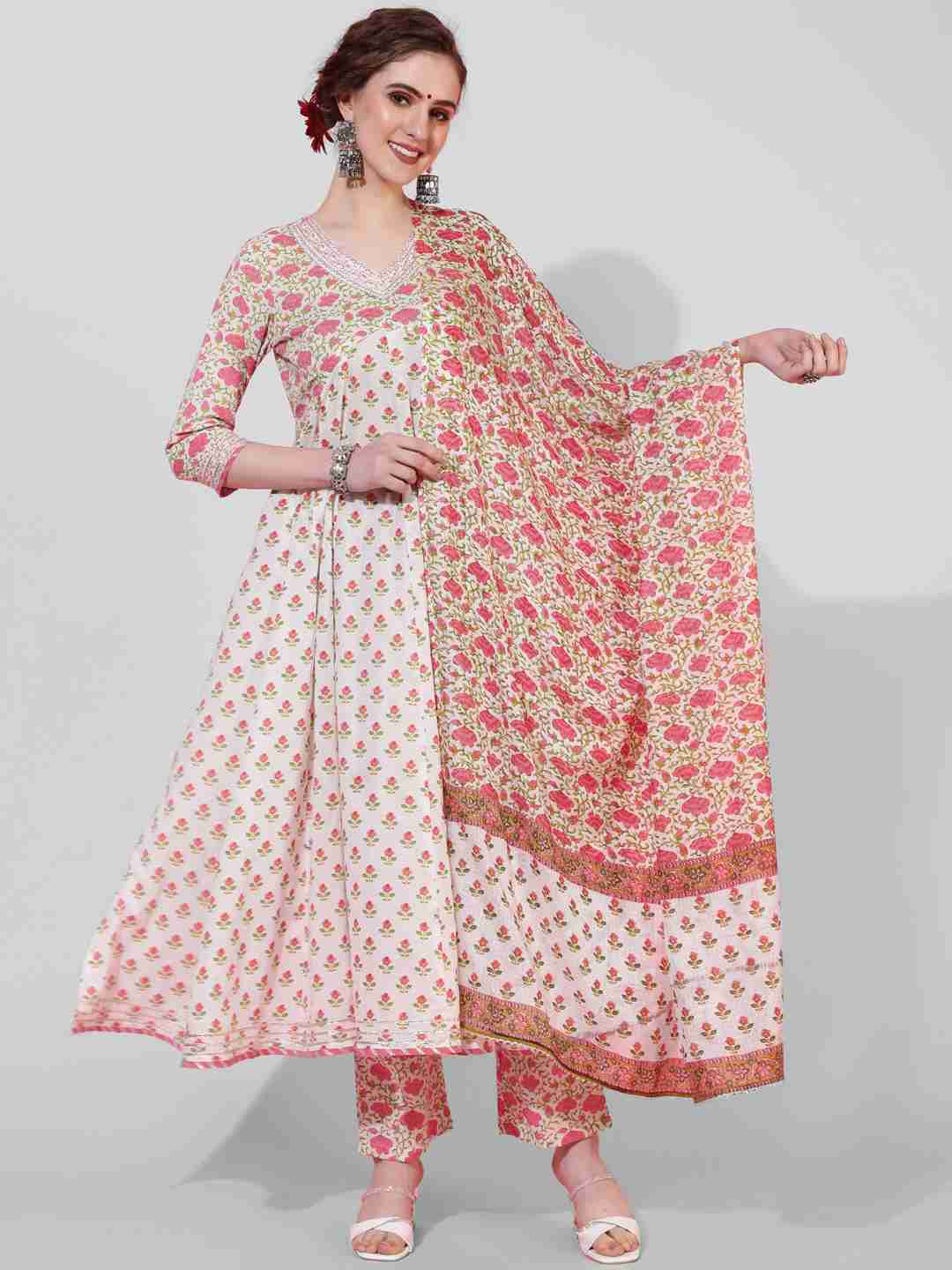 Rayon Calf Length Printed Flared 3/4  Sleeves Round Neck Kurta Bottom Dupatta Set