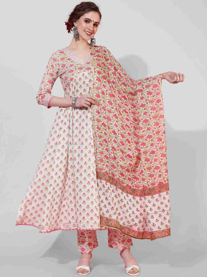 Rayon Calf Length Printed Flared 3/4  Sleeves Round Neck Kurta Bottom Dupatta Set