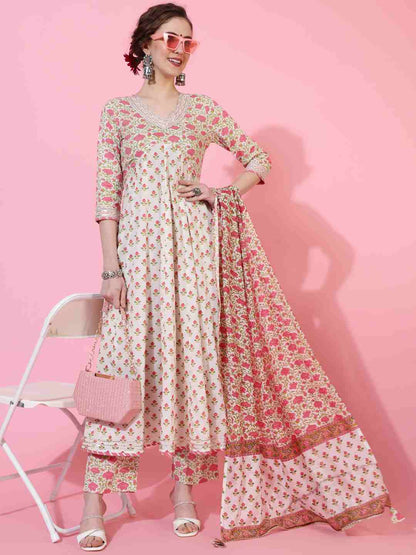 Rayon Calf Length Printed Flared 3/4  Sleeves Round Neck Kurta Bottom Dupatta Set