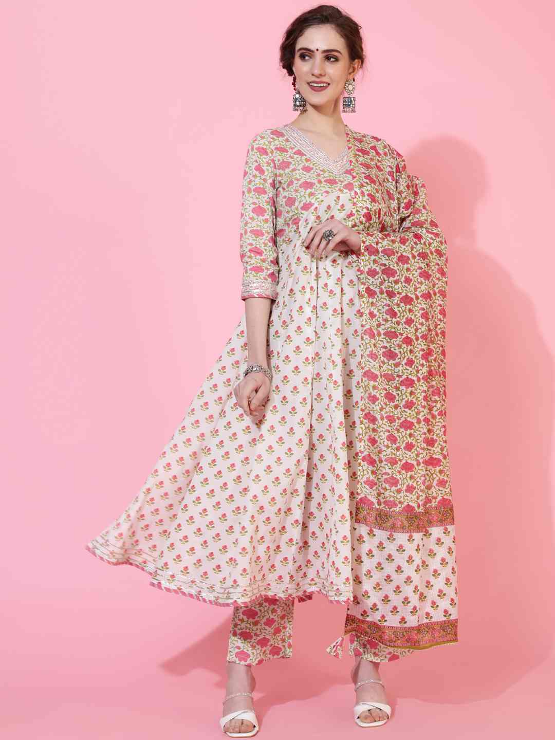 Rayon Calf Length Printed Flared 3/4  Sleeves Round Neck Kurta Bottom Dupatta Set