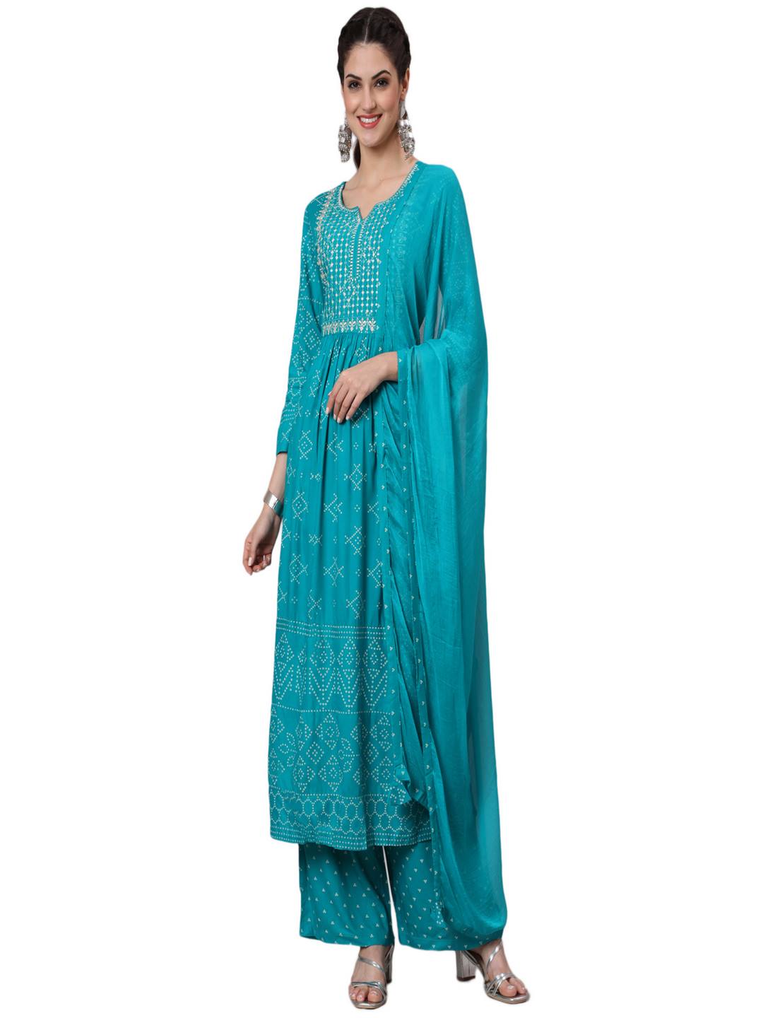 Rayon Calf Length Printed Semi Flared 3/4 Sleeve Round Neck Kurta Pant Dupatta Set