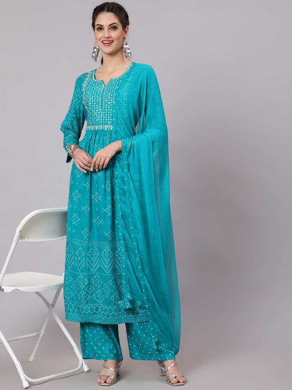 Rayon Calf Length Printed Semi Flared 3/4 Sleeve Round Neck Kurta Pant Duaptta Set