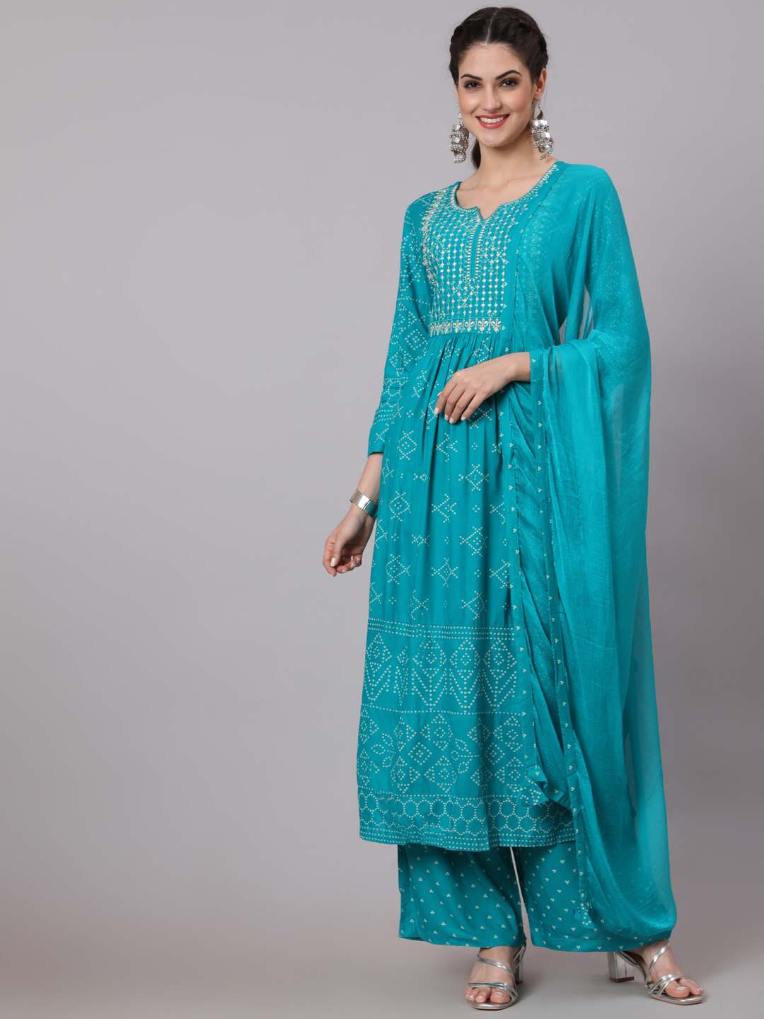 Rayon Calf Length Printed Semi Flared 3/4 Sleeve Round Neck Kurta Pant Dupatta Set