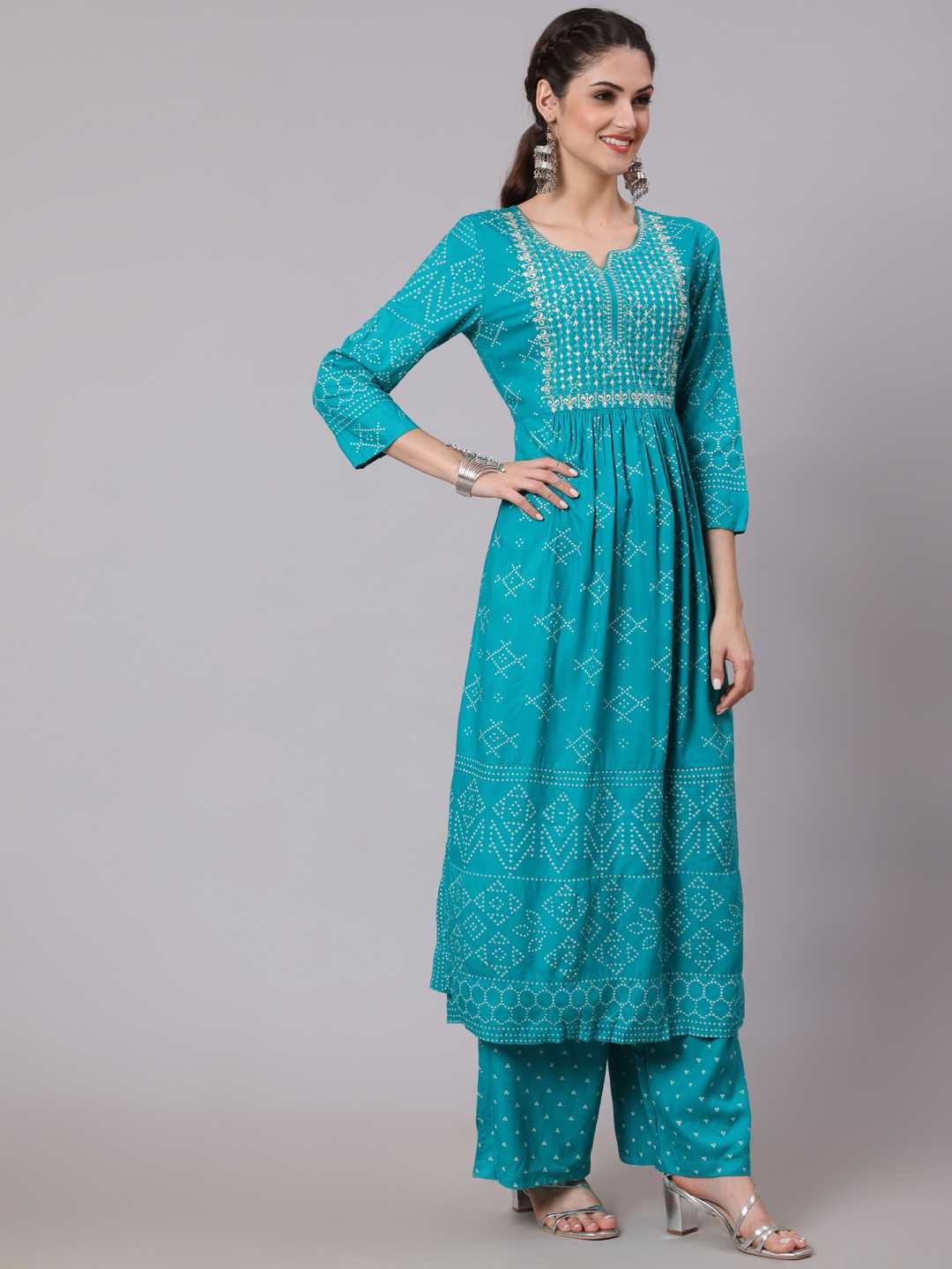 Rayon Calf Length Printed Semi Flared 3/4 Sleeve Round Neck Kurta Pant Dupatta Set