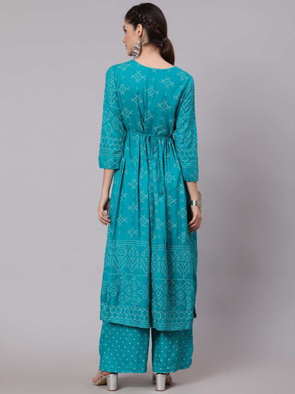 Rayon Calf Length Printed Semi Flared 3/4 Sleeve Round Neck Kurta Pant Duaptta Set