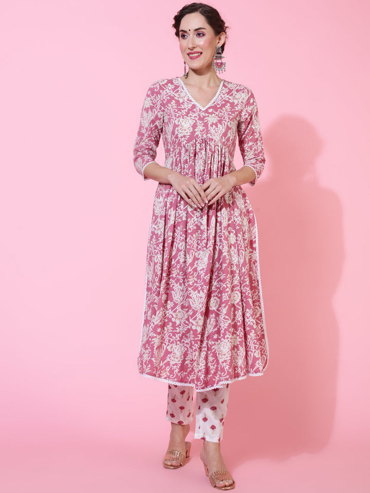 Cotton  Calf Length Printed Flared 3/4 Sleeve V-Neck Kurta Bottom Set
