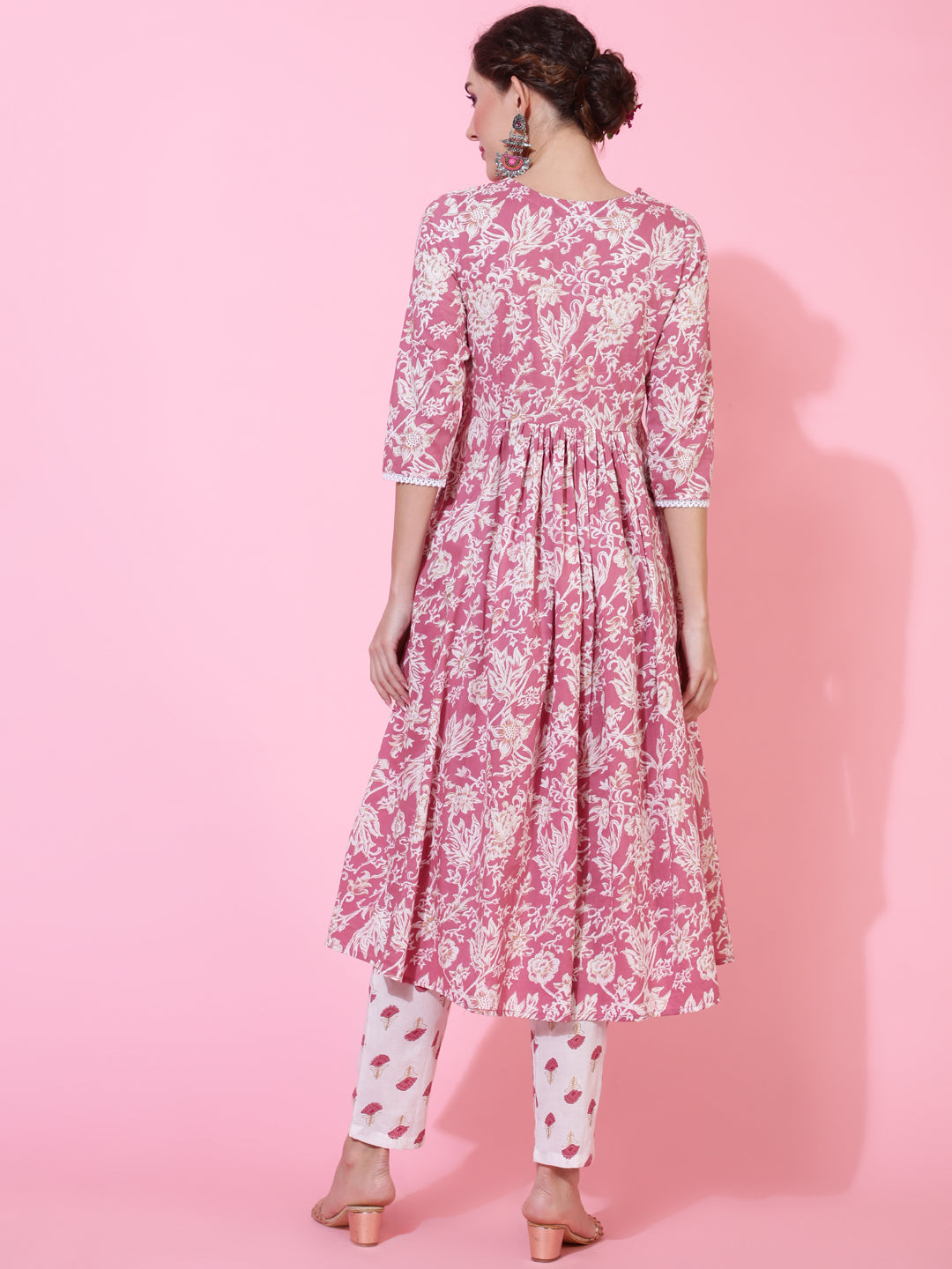 Cotton  Calf Length Printed Flared 3/4 Sleeve V-Neck Kurta Bottom Set