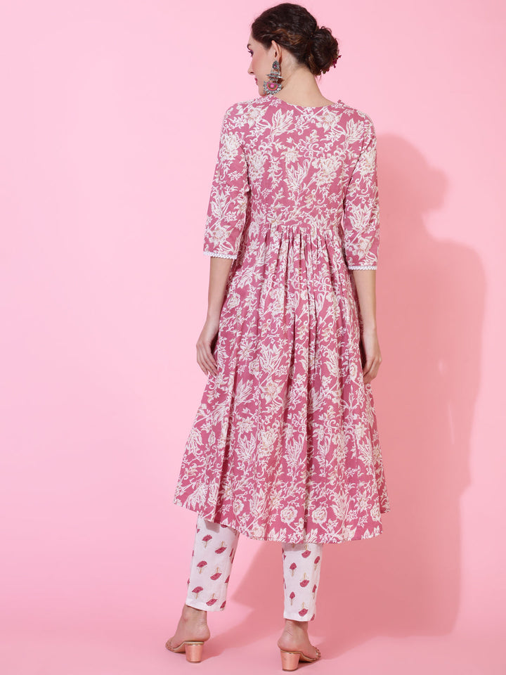 Cotton  Calf Length Printed Flared 3/4 Sleeve V-Neck Kurta Bottom Set