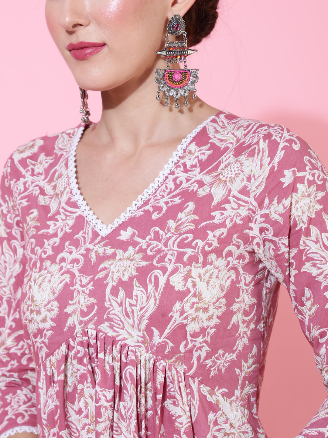 Cotton  Calf Length Printed Flared 3/4 Sleeve V-Neck Kurta Bottom Set