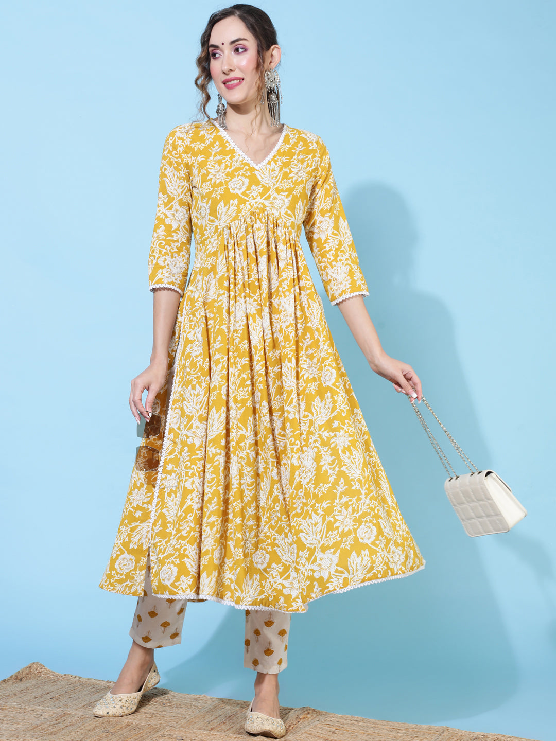 Cotton  Calf Length Printed Flared 3/4 Sleeve V-Neck Kurta Bottom Set