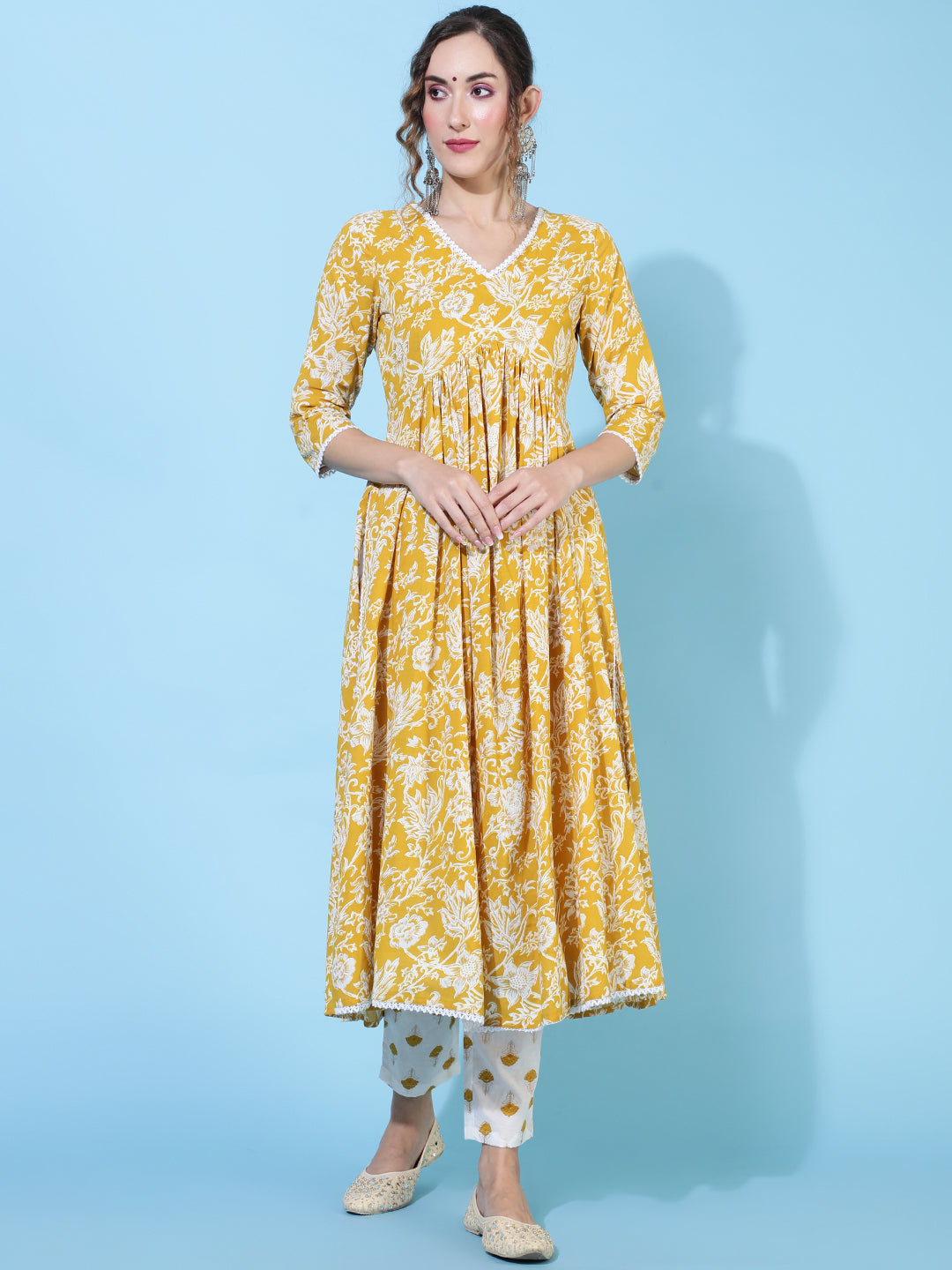 Cotton  Calf Length Printed Flared 3/4 Sleeve V-Neck Kurta Bottom Set