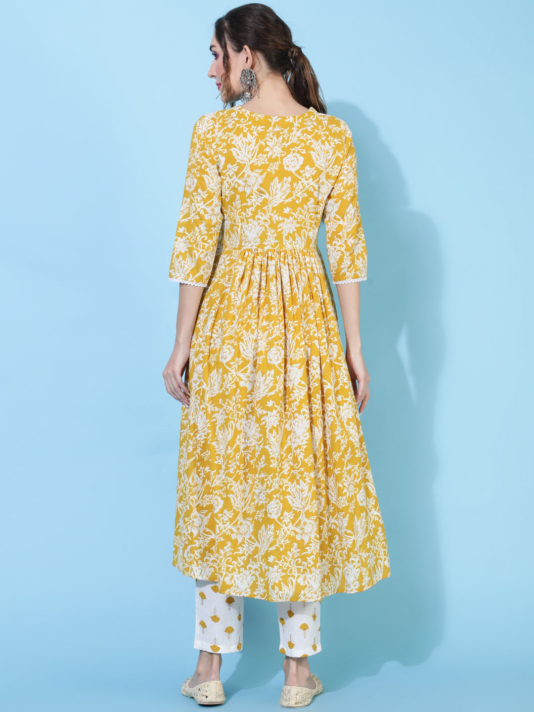 Cotton  Calf Length Printed Flared 3/4 Sleeve V-Neck Kurta Bottom Set