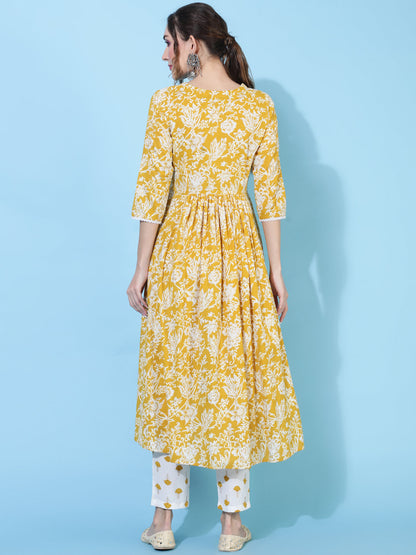 Cotton  Calf Length Printed Flared 3/4 Sleeve V-Neck Kurta Bottom Set