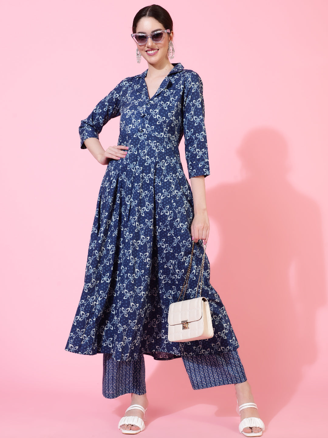 Cotton  Calf Length Printed Flared 3/4 Sleeve Collar Kurta Bottom Set