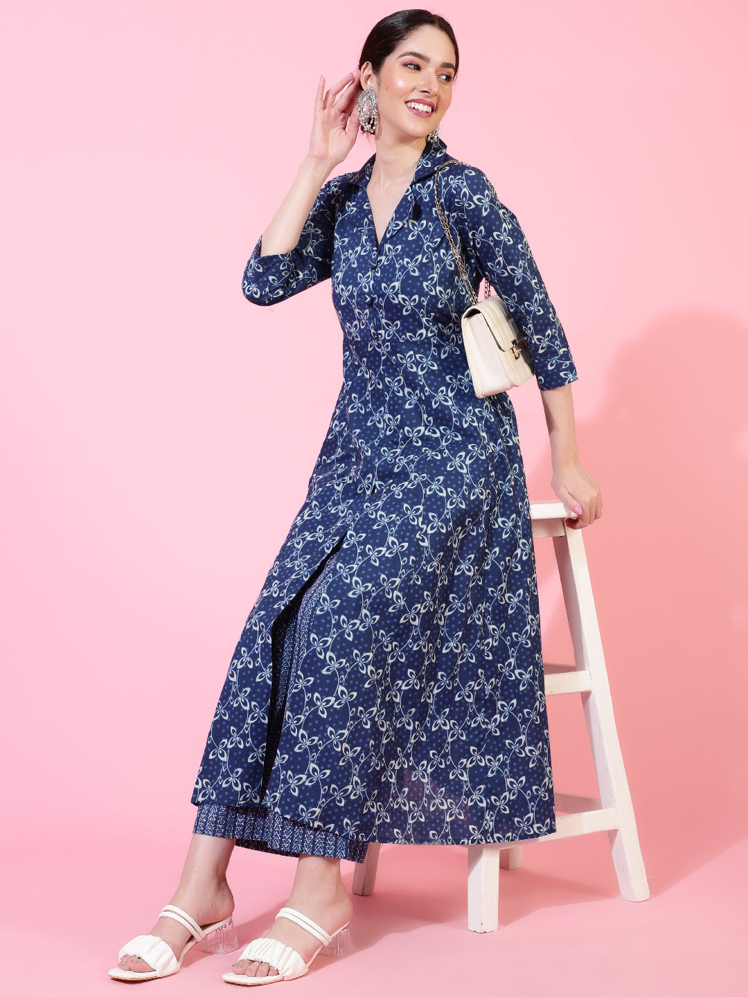 Cotton  Calf Length Printed Flared 3/4 Sleeve Collar Kurta Bottom Set