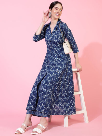 Cotton  Calf Length Printed Flared 3/4 Sleeve Collar Kurta Bottom Set