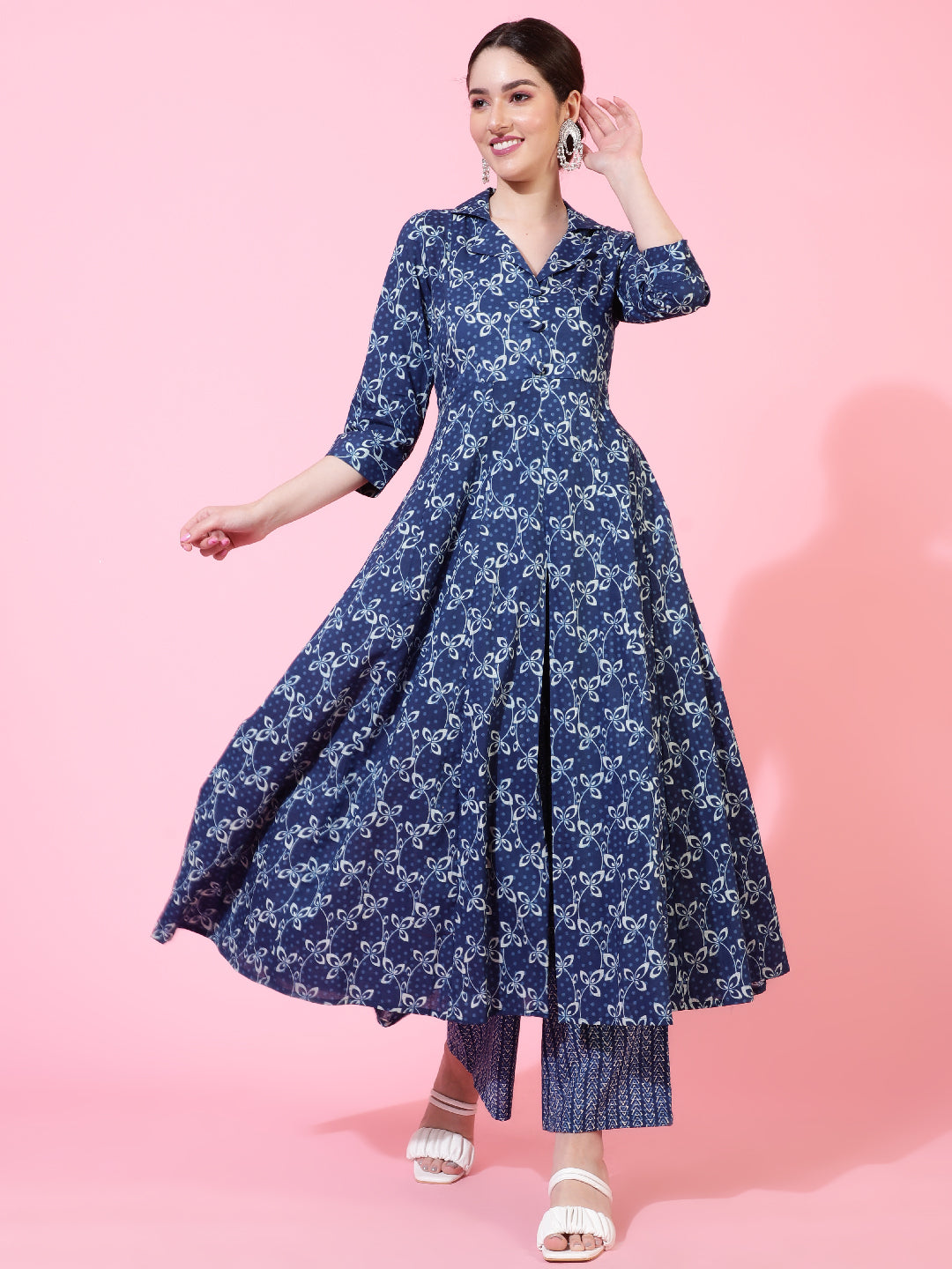 Cotton  Calf Length Printed Flared 3/4 Sleeve Collar Kurta Bottom Set