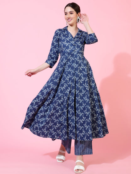 Cotton  Calf Length Printed Flared 3/4 Sleeve Collar Kurta Bottom Set