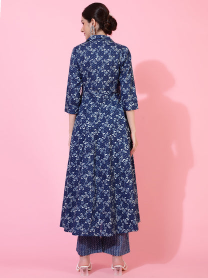 Cotton  Calf Length Printed Flared 3/4 Sleeve Collar Kurta Bottom Set