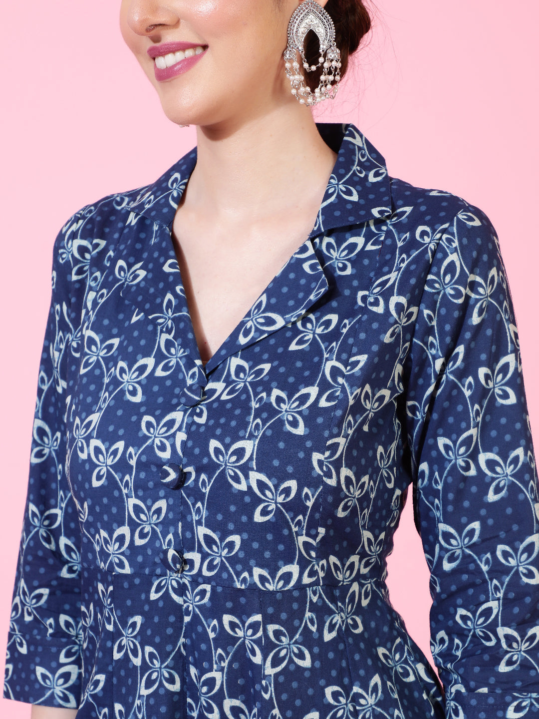 Cotton  Calf Length Printed Flared 3/4 Sleeve Collar Kurta Bottom Set