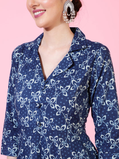 Cotton  Calf Length Printed Flared 3/4 Sleeve Collar Kurta Bottom Set